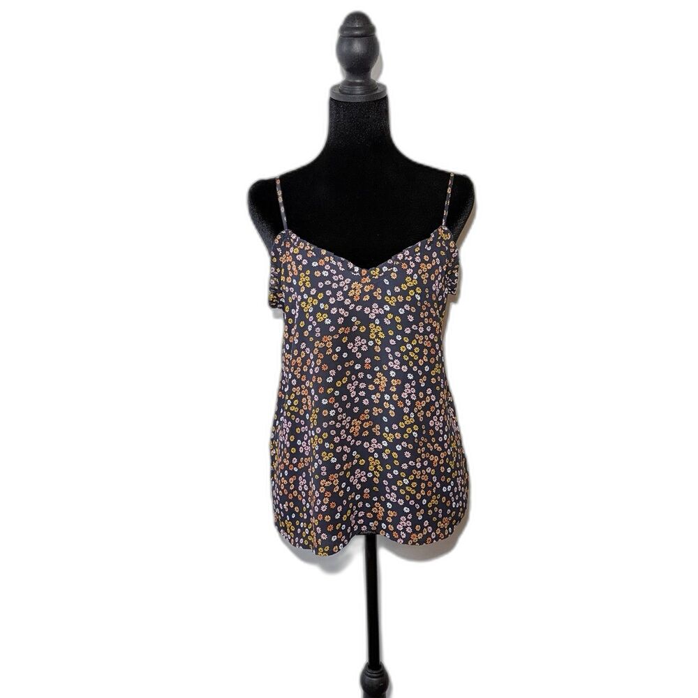 LOFT Navy Blue Floral Camisole Top Ruffle Trim Spaghetti Straps Petites Small SP